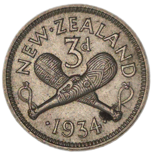 1934 New Zealand Threepence, die crack, EF