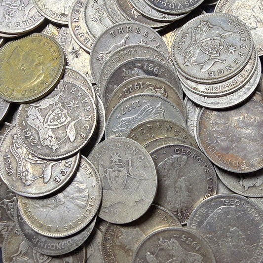 1910-1945 Australia Threepence, 92.5% Silver [random date, price per coin]
