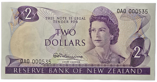 1967-1968 New Zealand Two Dollar Note, 0A0 000535