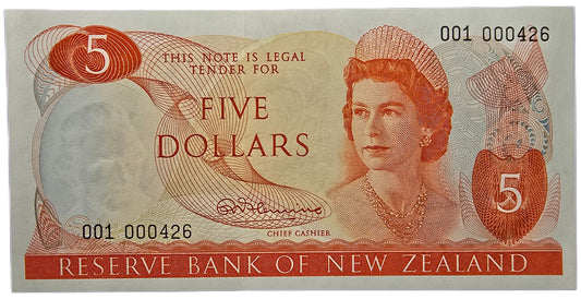 1967-1968 New Zealand Five Dollar Note, 001 000426 Prefix
