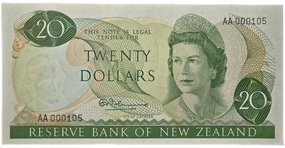 1967-1968 New Zealand Twenty Dollar Note, 0A0 000105