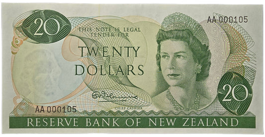 1967-1968 New Zealand Twenty Dollar Note, 0A0 000105