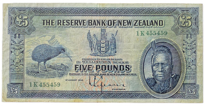 Five pounds banknote from the Reserve Bank of New Zealand featuring a kiwi bird and portrait.