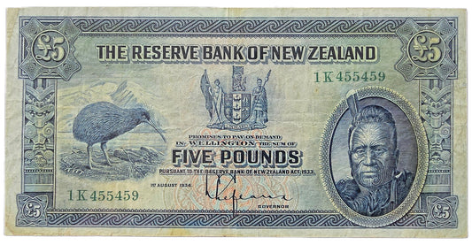 Five pounds banknote from the Reserve Bank of New Zealand featuring a kiwi bird and portrait.