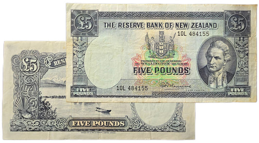 1956-1967 New Zealand Five Pound Note, VF [one note, random prefix]