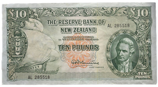 1956-1967 New Zealand Ten Pound Note, aVF