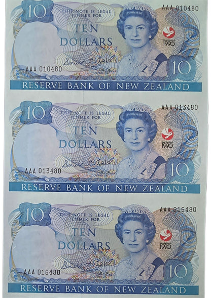 1990 New Zealand Ten Dollar Notes, Three notes in uncut sheet - Arts & Entertainment > Hobbies & Creative Arts > Collectibles > Collectible Coins & Currency > Collectible Banknotes from The Half Crown