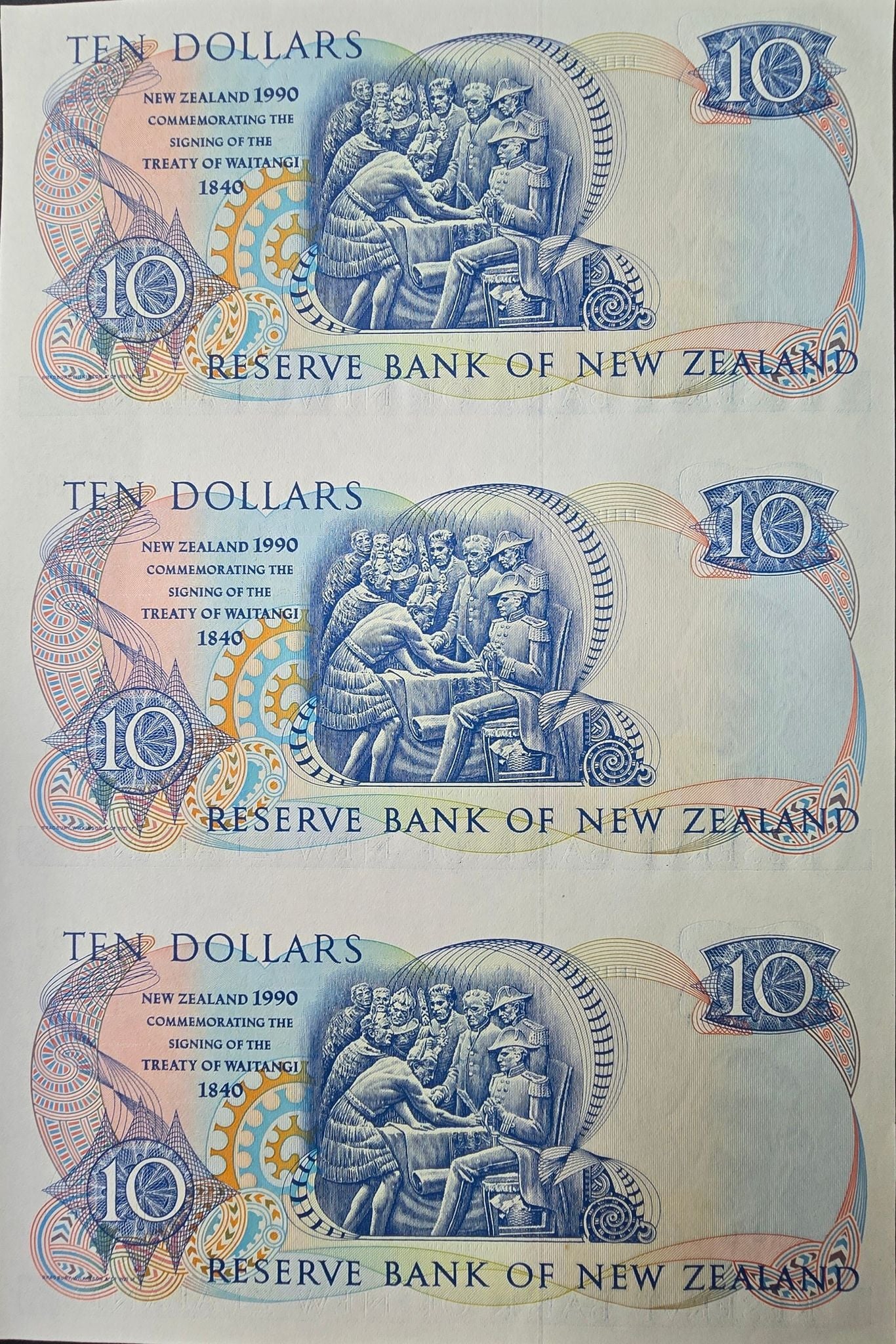 1990 New Zealand Ten Dollar Notes, Three notes in uncut sheet - Arts & Entertainment > Hobbies & Creative Arts > Collectibles > Collectible Coins & Currency > Collectible Banknotes from The Half Crown