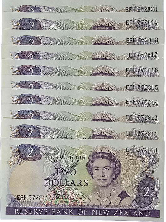 1981-1985 New Zealand Two Dollar, 10 Consecutive Notes