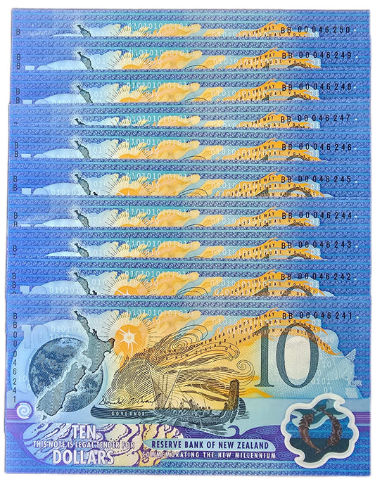 2000 New Zealand Millennium 10 Dollar, 10 Consecutive Notes - Arts & Entertainment > Hobbies & Creative Arts > Collectibles > Collectible Coins & Currency > Collectible Banknotes from The Half Crown