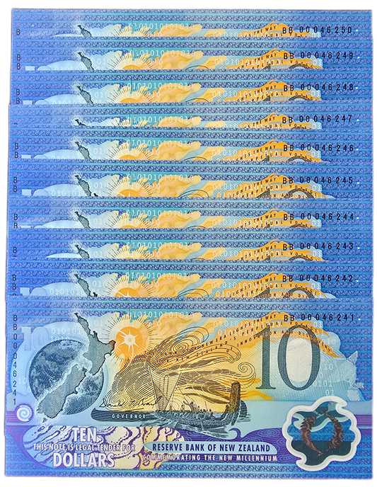 2000 New Zealand Millennium 10 Dollar, 10 Consecutive Notes