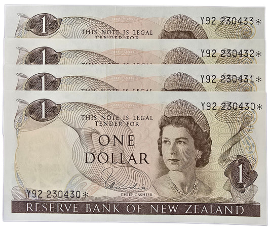 1977-1981 New Zealand One Dollar, 4 Consecutive Star Notes