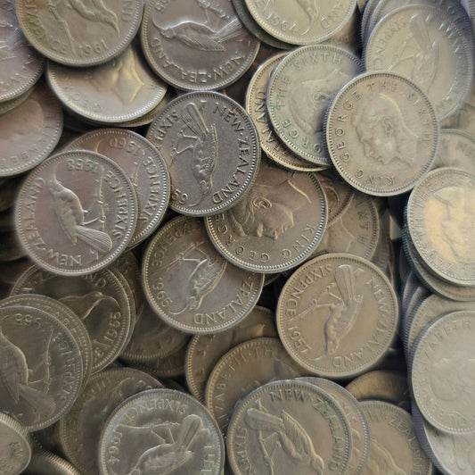 1947-65 New Zealand Sixpence, 100 grams of coins