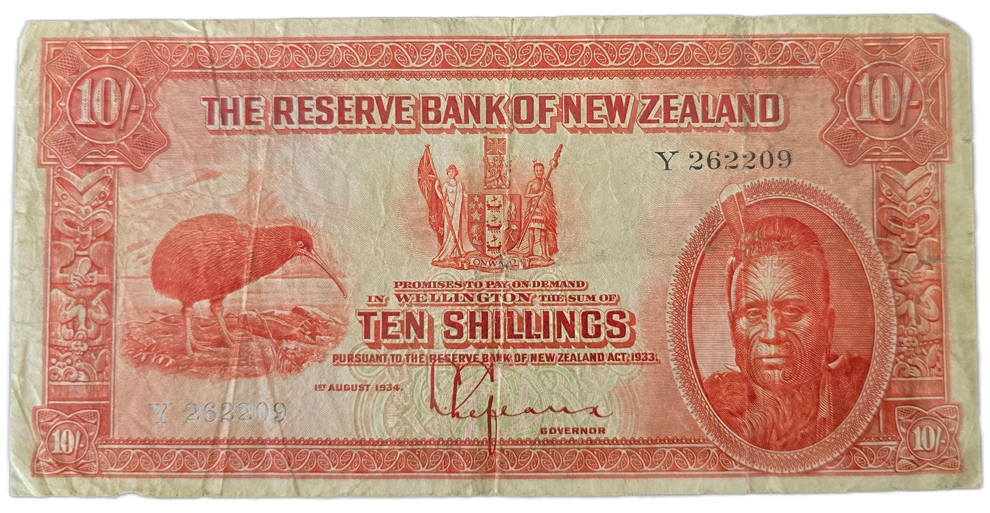1934 New Zealand Ten Shillings Note, Lefeaux, VG