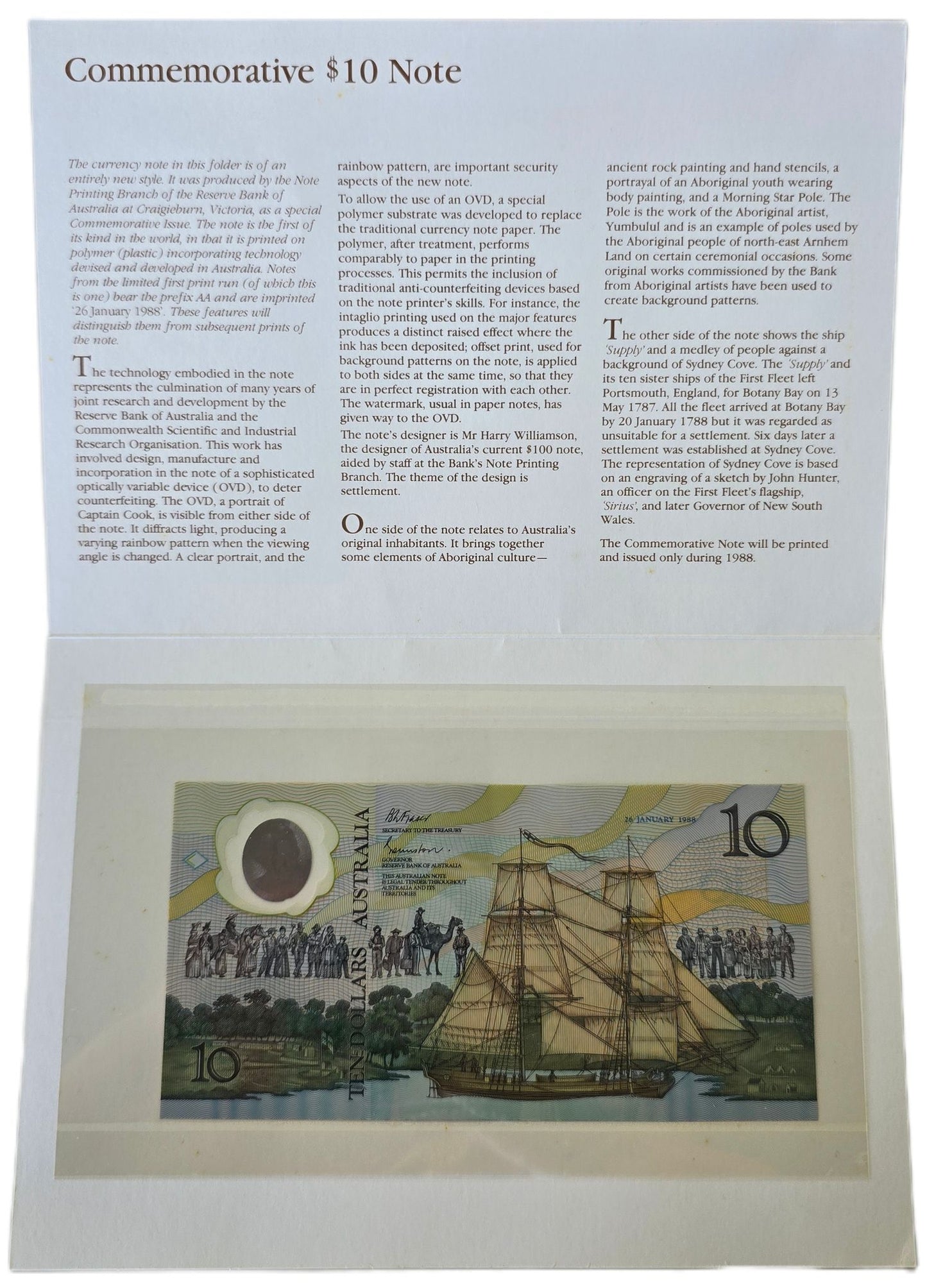 1988 Australia $10 Note, Bicentennial Polymer Note in Presentation Folder