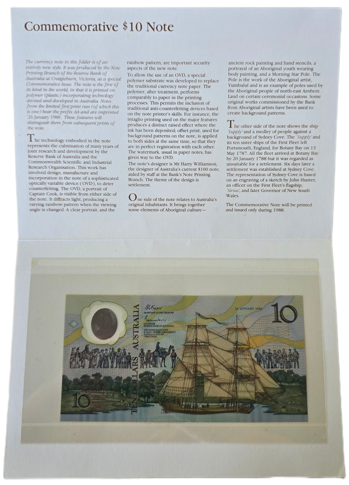 1988 Australia $10 Note, Bicentennial Polymer Note in Presentation Folder