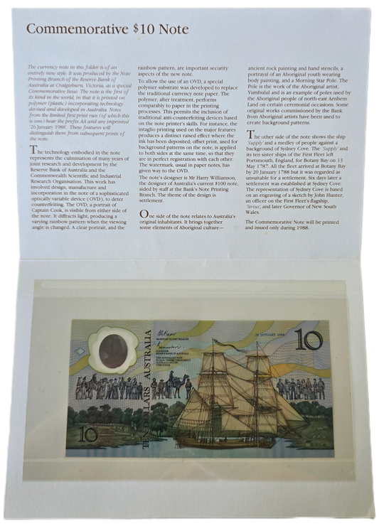 1988 Australia $10 Note, Bicentennial Polymer Note in Presentation Folder