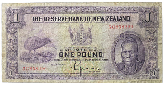 1934-1940 New Zealand One Pound Note, Lefeaux