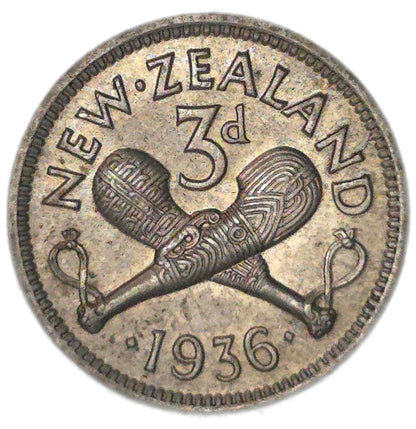 1936 New Zealand Threepence Die Crack Error, gEF