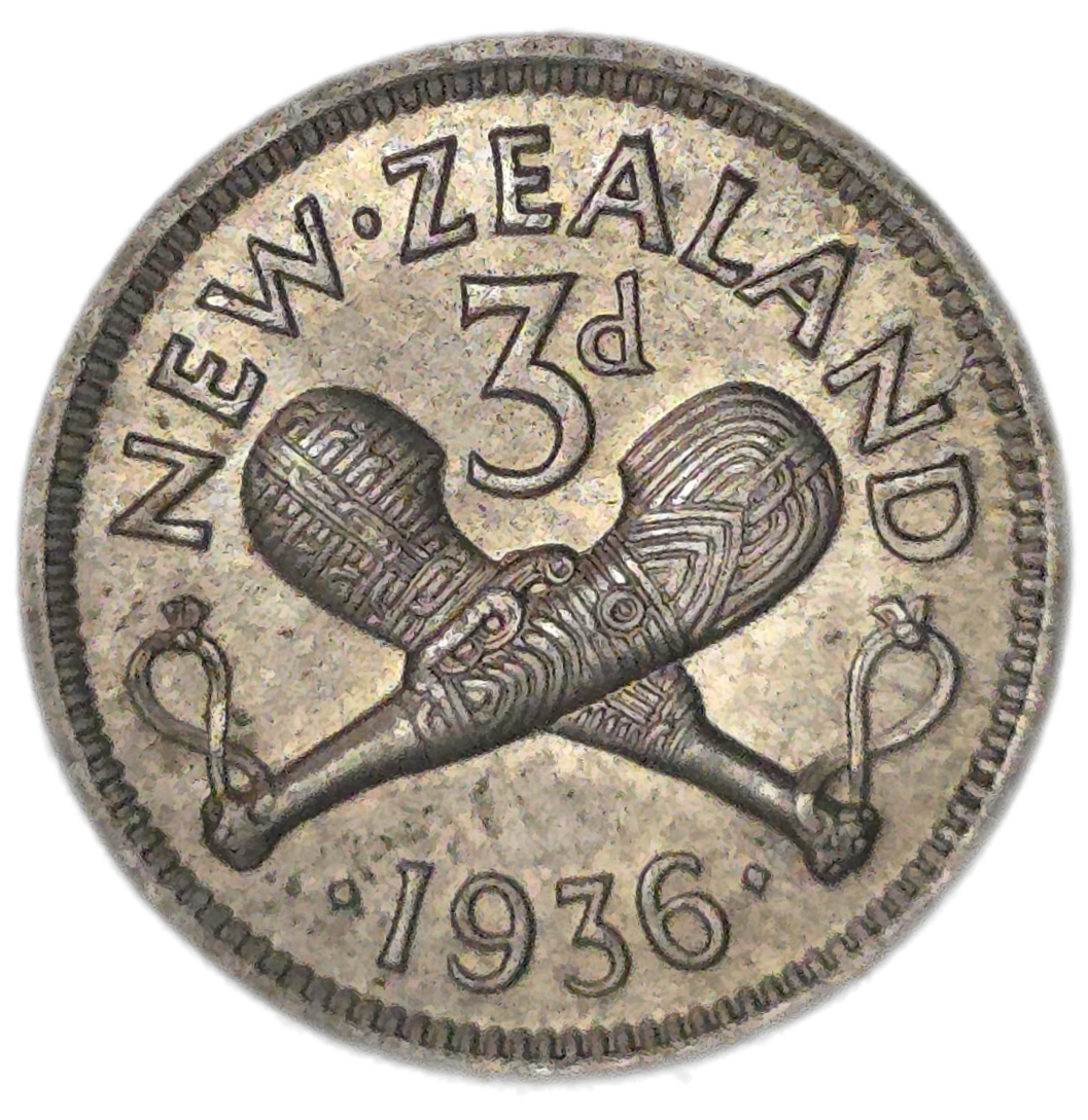 1936 New Zealand Threepence Die Crack Error, gEF
