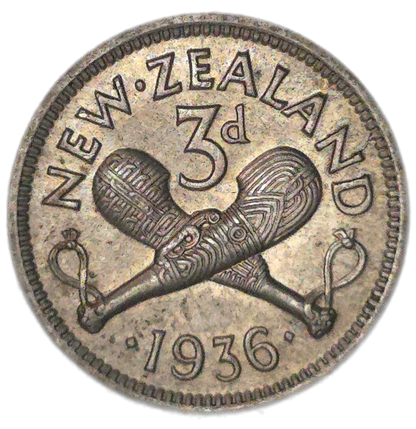 1936 New Zealand Threepence Die Crack Error, gEF