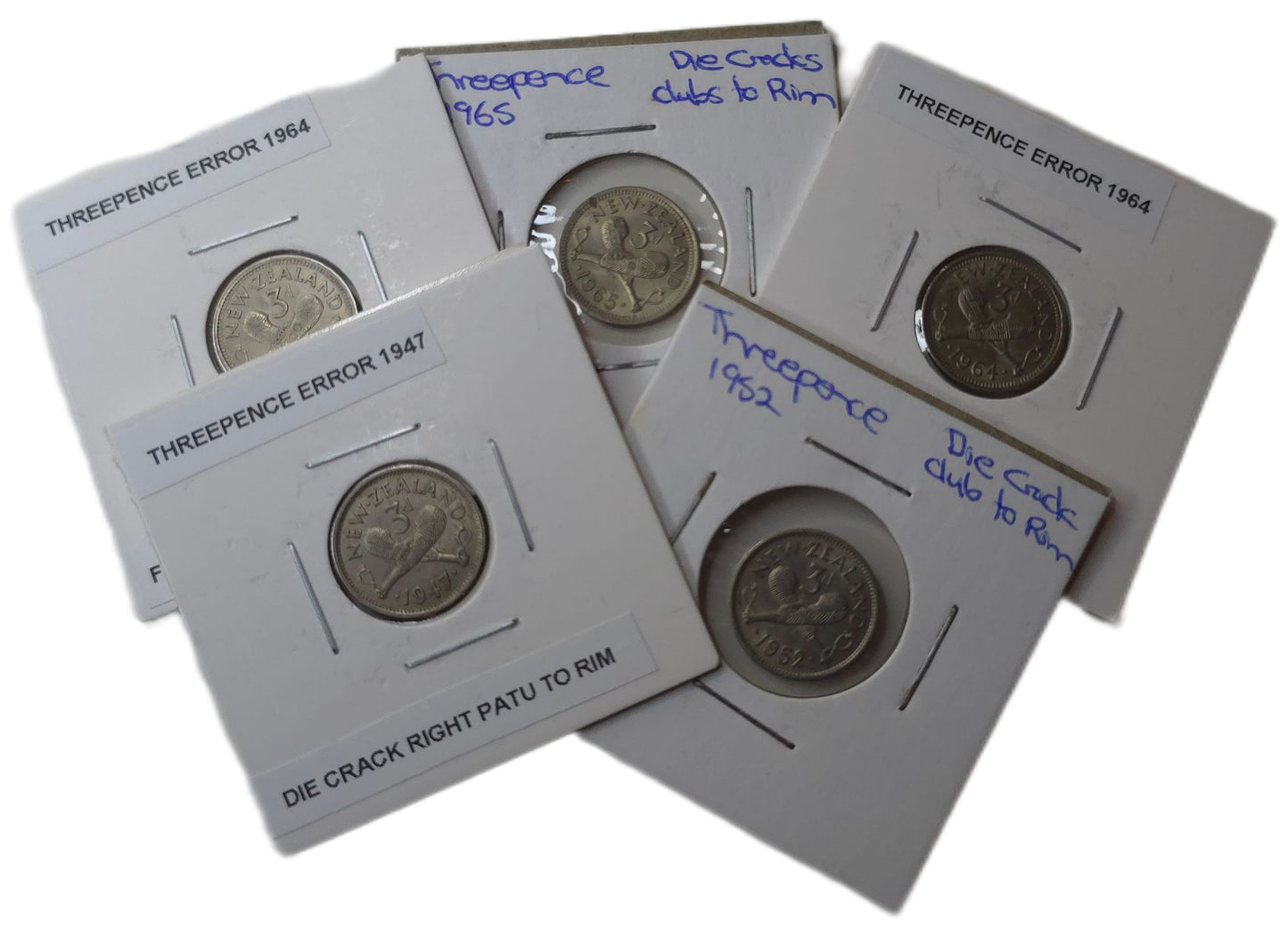 1947 - 1965 New Zealand Threepence, 5x Error Coins