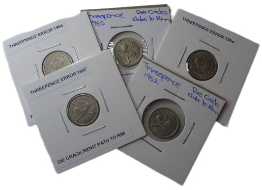 1947 - 1965 New Zealand Threepence, 5x Error Coins