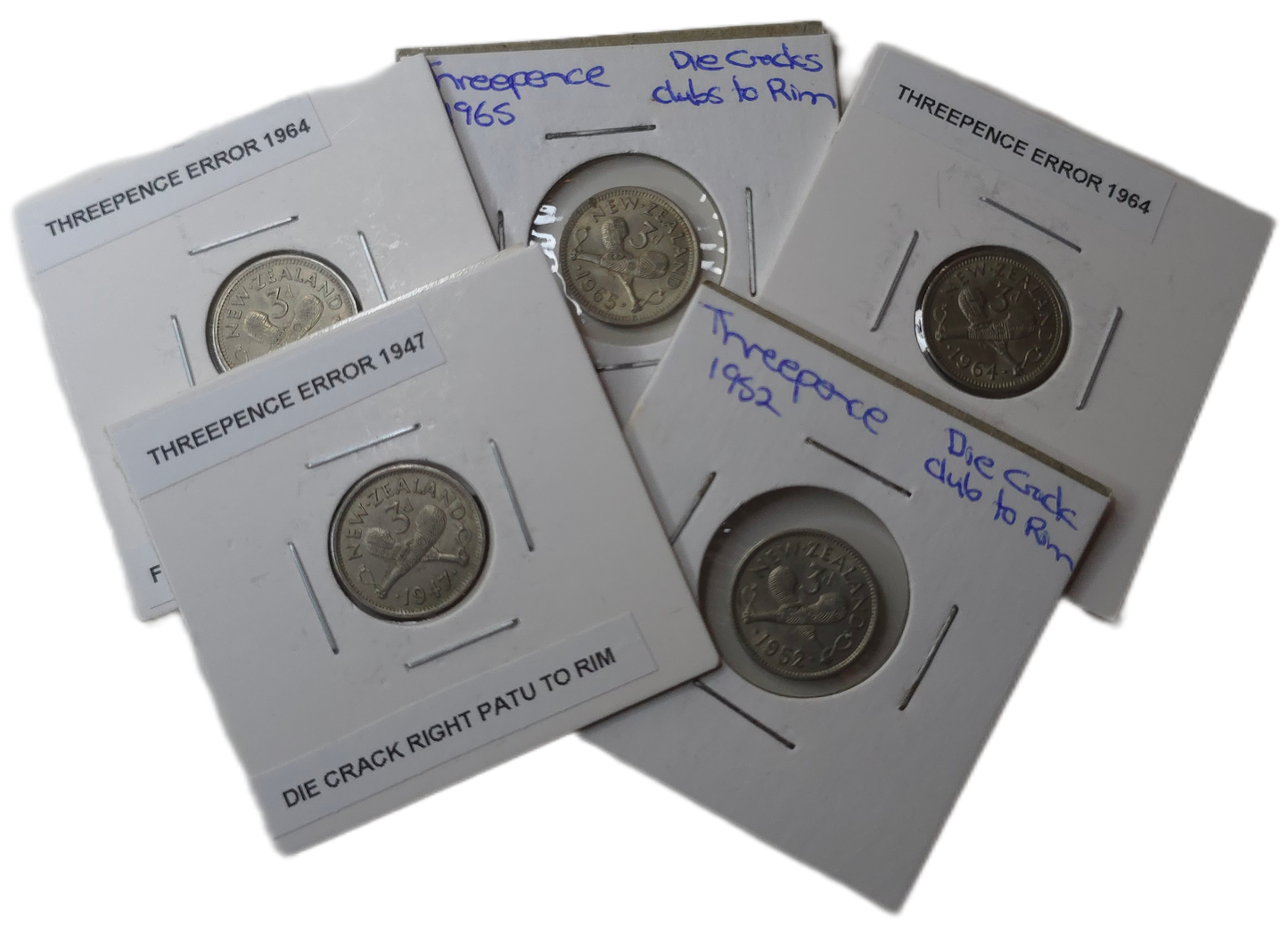 1947 - 1965 New Zealand Threepence, 5x Error Coins