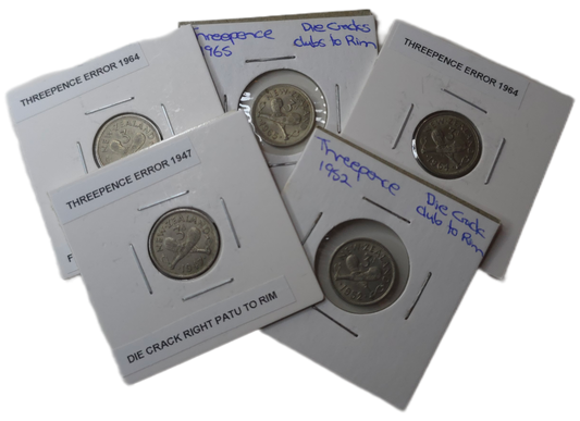 1947 - 1965 New Zealand Threepence, 5x Error Coins