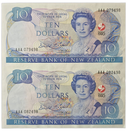1990 Ten Dollar Notes Uncut Pair, 150 Years Waitangi Commemorative [random prefix]