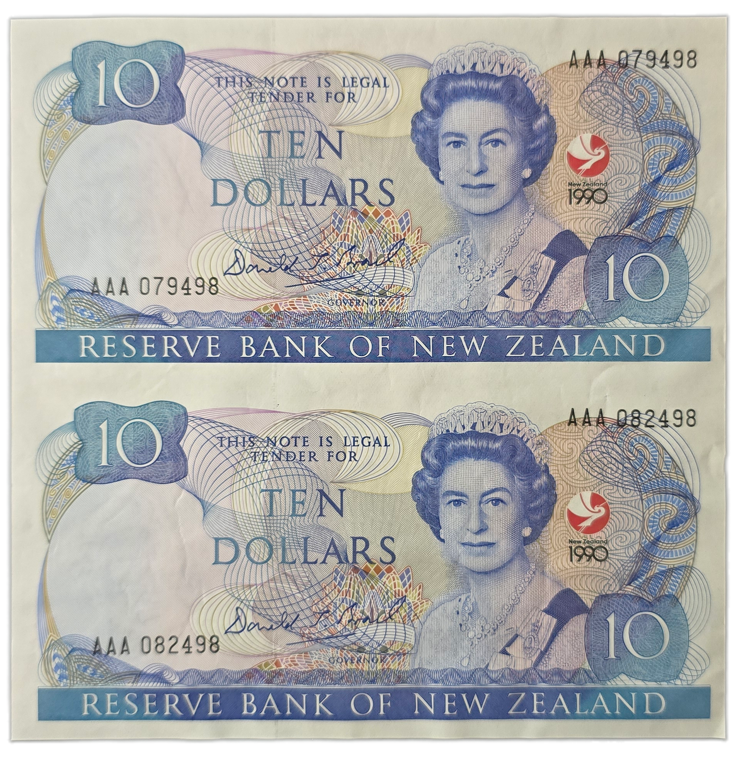 1990 Ten Dollar Notes Uncut Pair, 150 Years Waitangi Commemorative [random prefix]