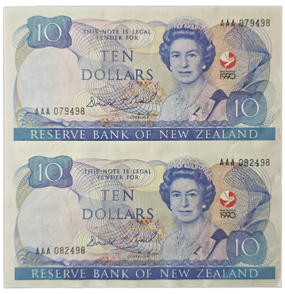 1990 Ten Dollar Notes Uncut Pair, 150 Years Waitangi Commemorative [random prefix]