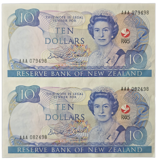 1990 Ten Dollar Notes Uncut Pair, 150 Years Waitangi Commemorative [random prefix]