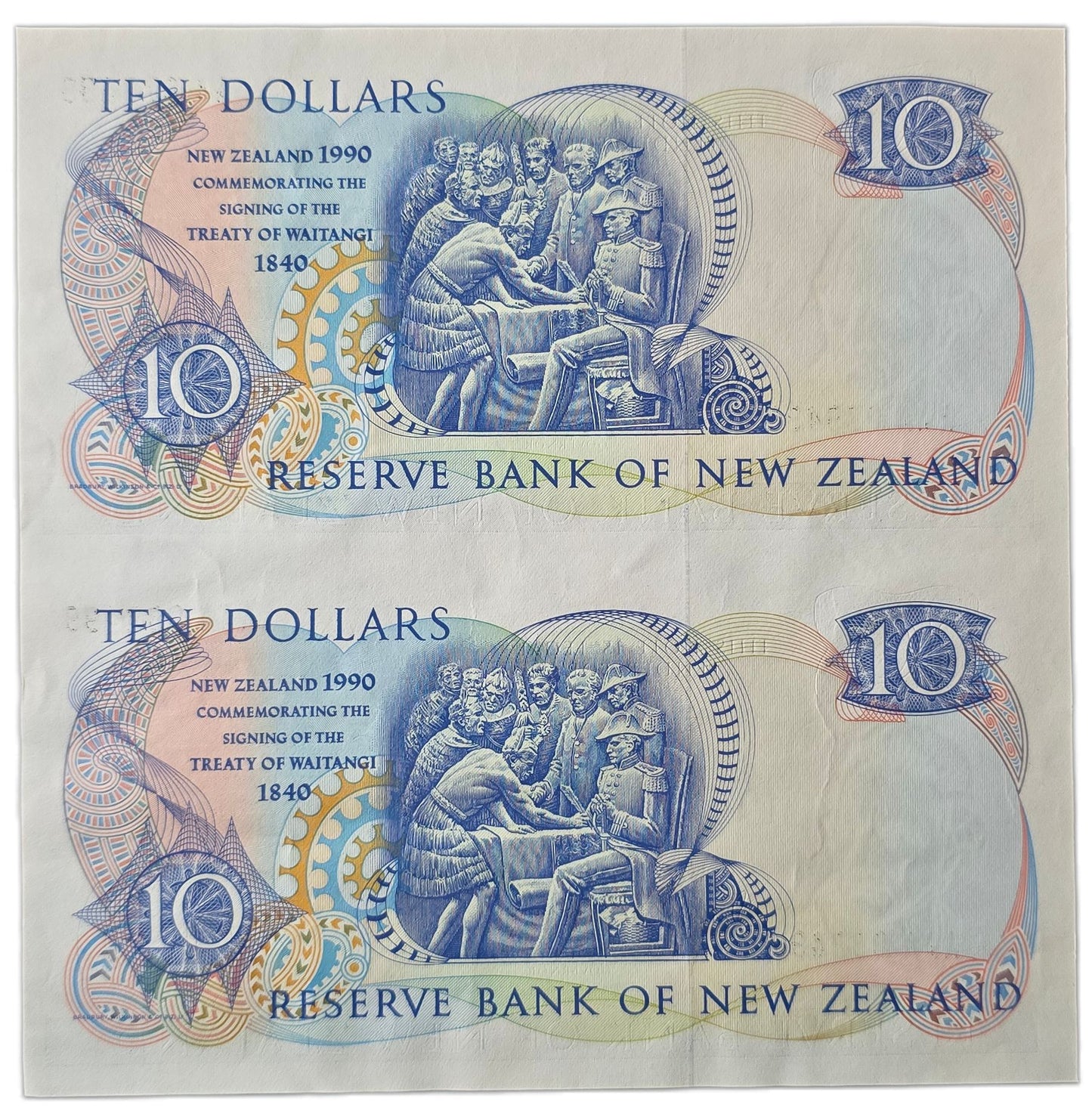 1990 Ten Dollar Notes Uncut Pair, 150 Years Waitangi Commemorative [random prefix]