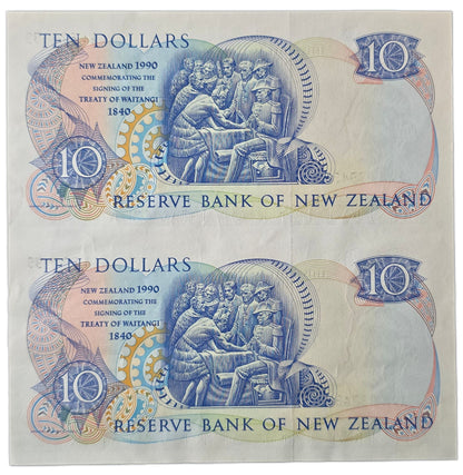 1990 Ten Dollar Notes Uncut Pair, 150 Years Waitangi Commemorative [random prefix]