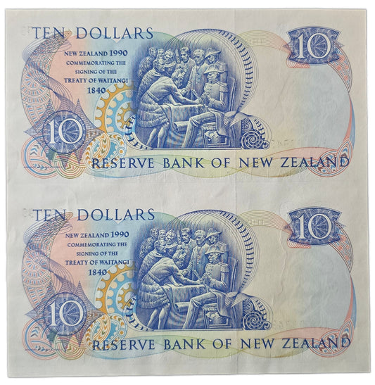 1990 Ten Dollar Notes Uncut Pair, 150 Years Waitangi Commemorative [random prefix]