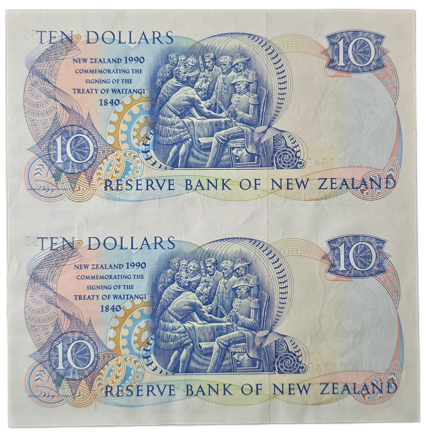1990 Ten Dollar Notes Uncut Pair, 150 Years Waitangi Commemorative [random prefix]
