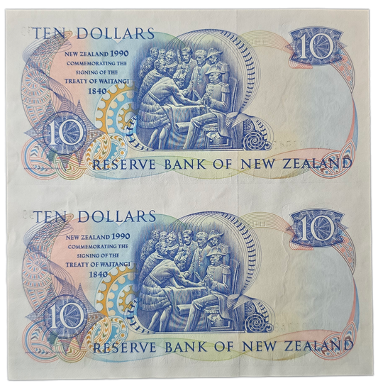 1990 Ten Dollar Notes Uncut Pair, 150 Years Waitangi Commemorative [random prefix]