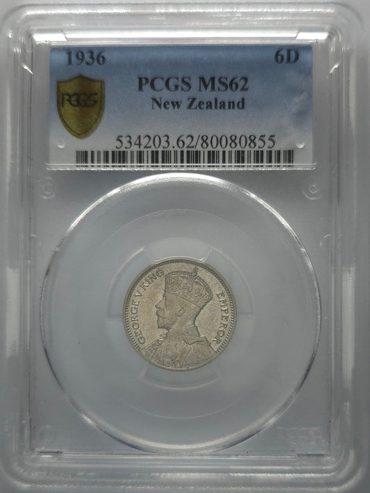 1936 New Zealand Sixpence MS62