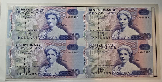 1993 New Zealand $10 Uncut Block of 4