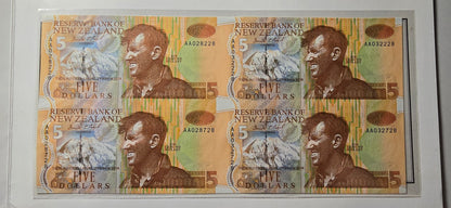1992 New Zealand $5 Uncut Block of 4