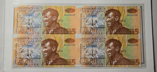 1992 New Zealand $5 Uncut Block of 4