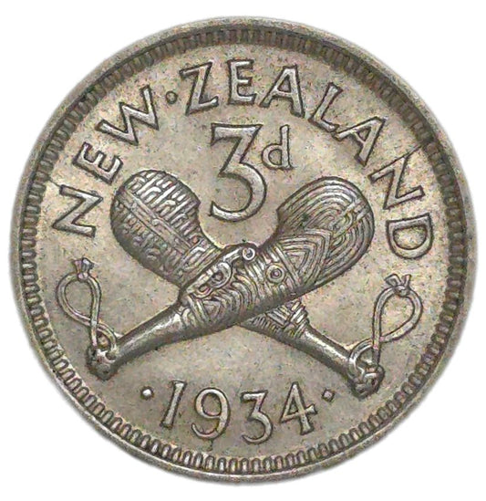 1934 New Zealand Threepence, die crack error gVF