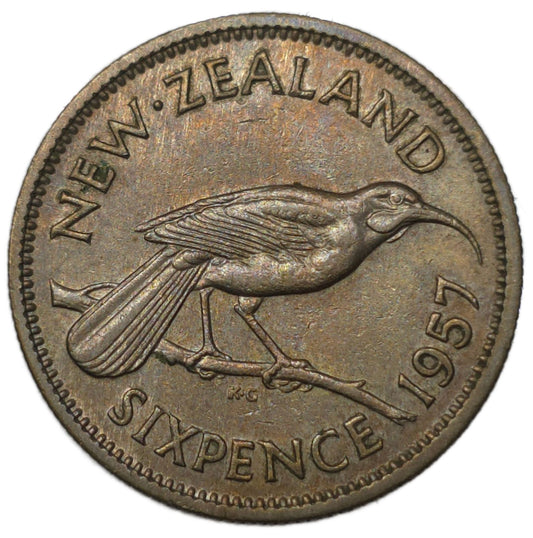 1957 New Zealand Sixpence, "No Shoulder Strap"