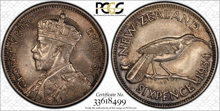1934 New Zealand Sixpence MS64 - Arts & Entertainment > Hobbies & Creative Arts > Collectibles > Collectible Coins & Currency > Collectible Coins > Rare Coins from The Half Crown