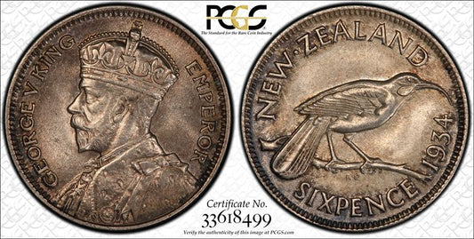 1934 New Zealand Sixpence MS64 - Arts & Entertainment > Hobbies & Creative Arts > Collectibles > Collectible Coins & Currency > Collectible Coins > Rare Coins from The Half Crown