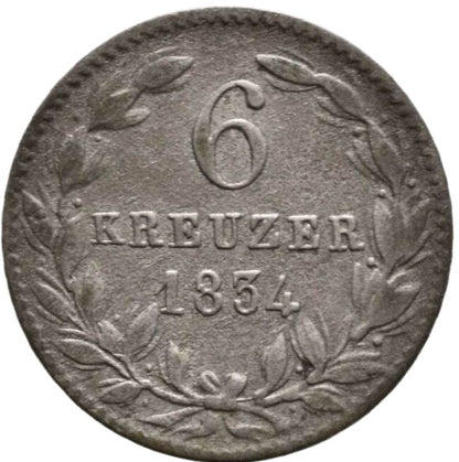 1834 German States 6 Kreuzer, Nassau