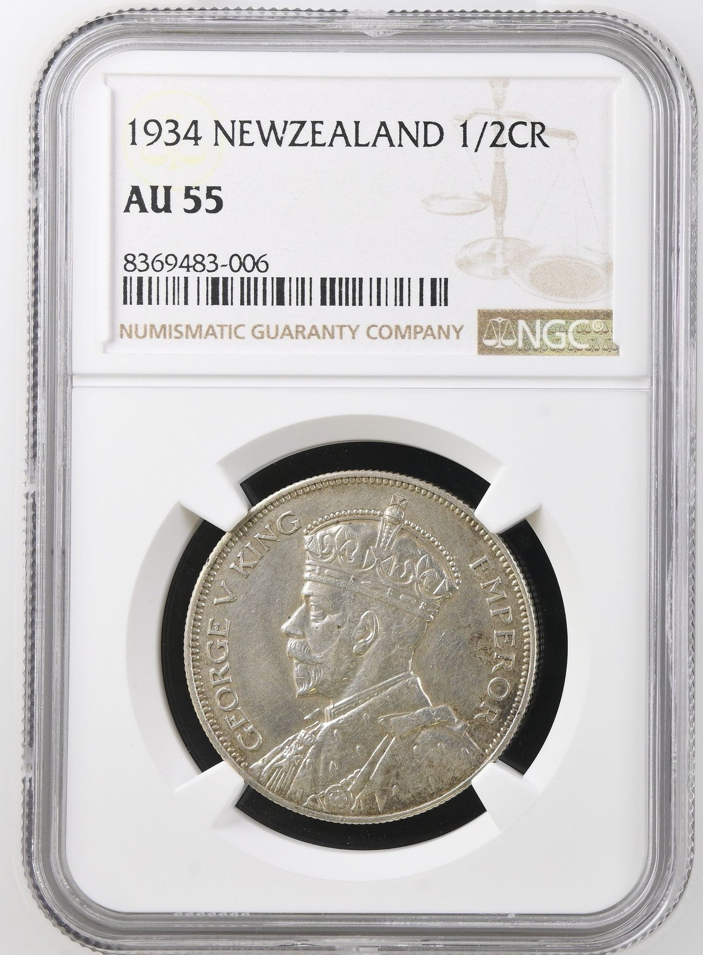 1934 New Zealand Half Crown NGC AU55
