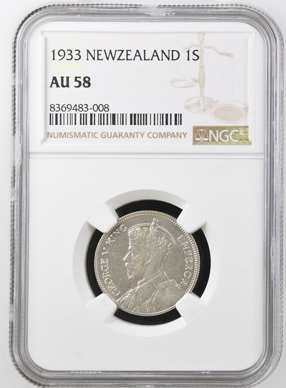 1933 New Zealand Shilling NGC AU58