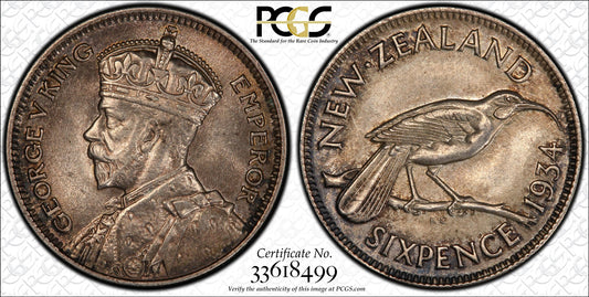 1934 New Zealand Sixpence MS64